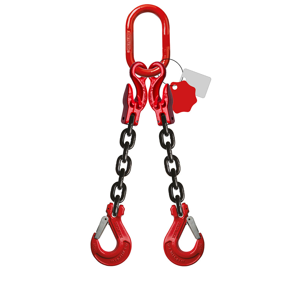 Élingue chaîne 2 brins Grade 80 – avec crochet de chape et crochet de raccourcissement (CMU 0–45°)