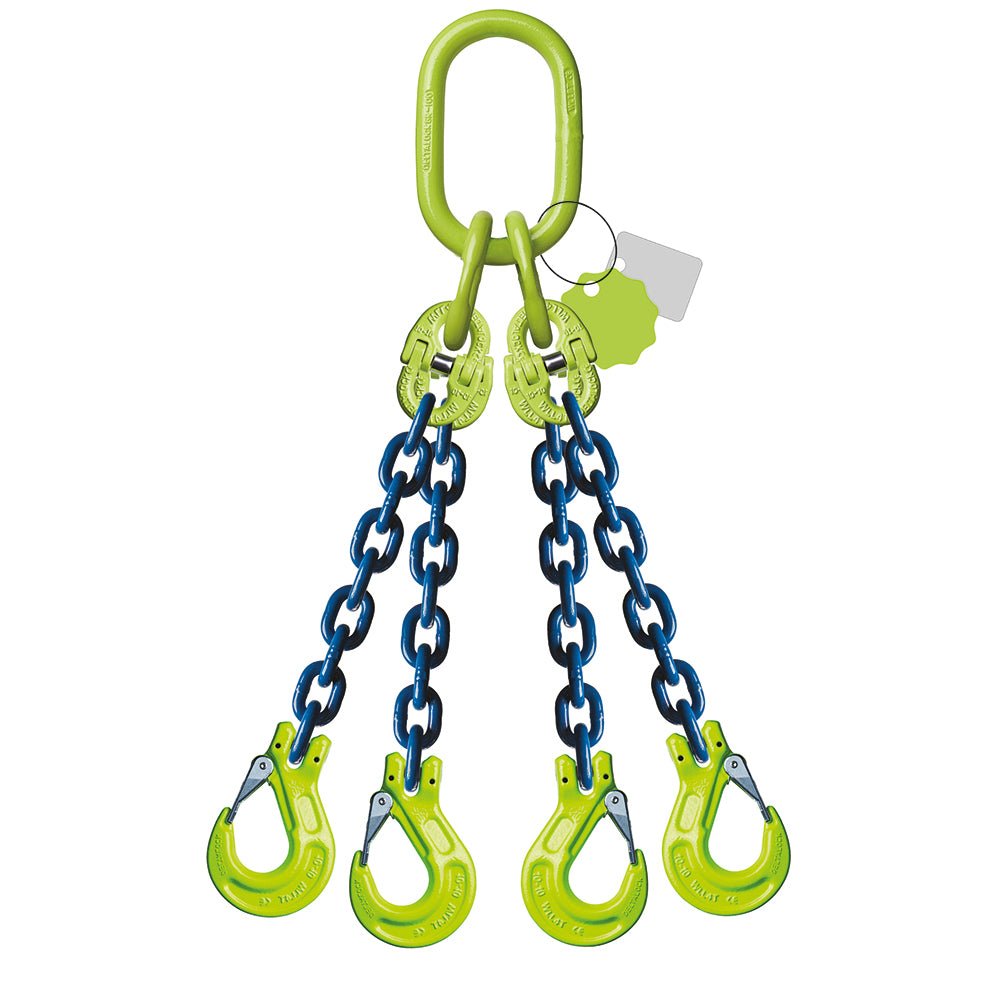 Élingue chaîne 4 brins Grade 100 – avec crochet de chape (CMU 0–45°)