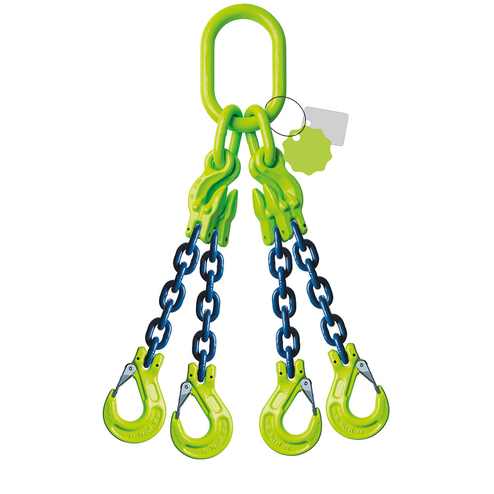 Élingue chaîne 4 brins Grade 100 – avec crochet de chape et crochet de raccourcissement (CMU 0–45°)