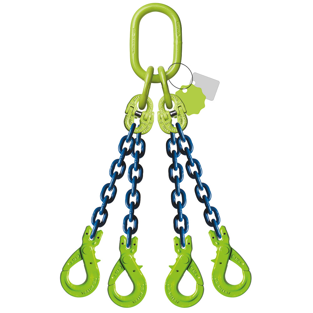 Élingue chaîne 4 brins Grade 100 – avec crochet de sécurité à chape (CMU 0–45°)