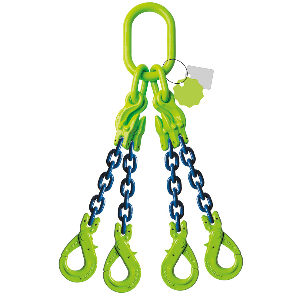 Élingue chaîne 4 brins Grade 100 – avec crochet de sécurité à chape et crochet de raccourcissement (CMU 0–45°)