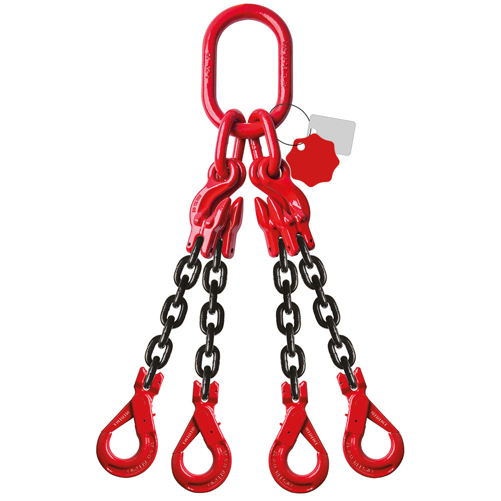 Élingue chaîne 4 brins Grade 80 – avec crochet de sécurité à chape et crochet de raccourcissement (CMU 0–45°)